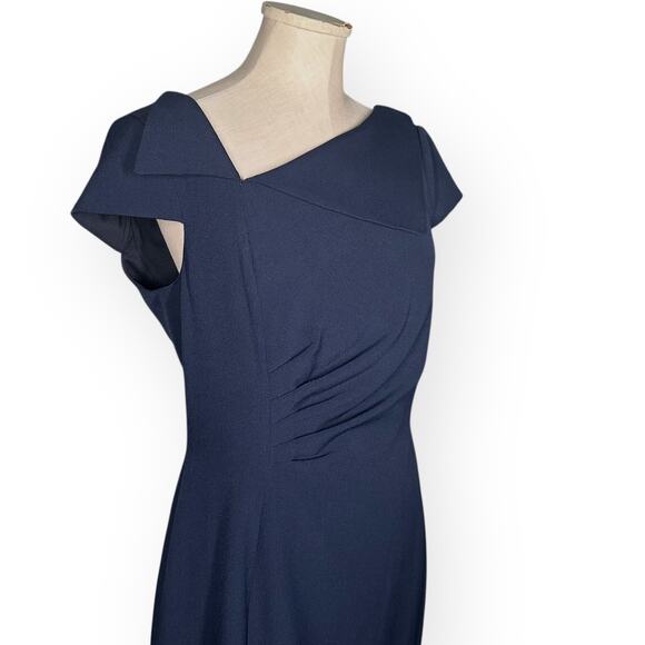 TAHARI ASL Asymmetric Collar Sheath Dress Navy Blue Cap Sleeve Career Office 8 - Picture 4 of 13